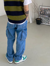 Stripe round neck knit vest 2C
