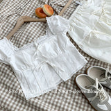 Sito Ribbon Lace Puff Short Sleeve Blouse