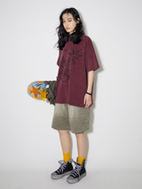 Dark wine red drum kit washed vintage short sleeve T-shirt