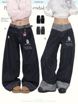 BETWEENAND「Hokkaido Snow」Winter Penguin Embroidery – Original Autumn/Winter Design, Slimming Effect, Thickened Denim Jeans