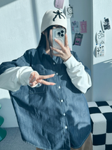 デニムレイヤードボックスシャツスウェット🖤💙 - 2 カラーズ