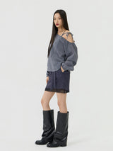 One-shoulder Blanc Ribbon Shirring Detail Top, Charcoal