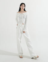 Off-Shoulder Ribbed Slit Cardigan