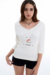 Rabbit Lace V-Neck Tee [White]