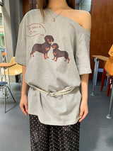 UI ドッグオフショルダーオーバーサイズフィットスリーブTシャツ