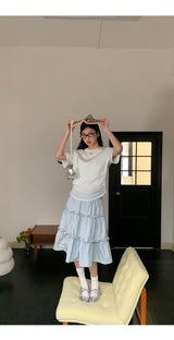 Lace shirring round loose fit short sleeve tee