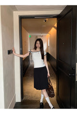 White line ribbed unbalanced off-shoulder top