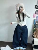 RIBBON🎀WIDE RIBBON ROLL-UP DENIM PANTS 🩵🎀