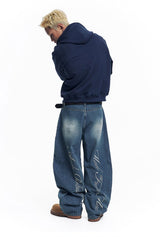Stripe Lettering Denim Pants - Medium Blue