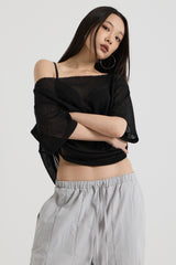 ニットワンショルダーTシャツ, Black
