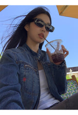 ノーカラーデニムビンテージジップアップジャケット