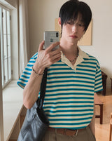 Summer Terry Stripe Collared Short Sleeve Tee