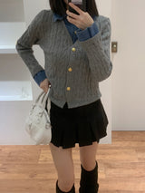 Perry Denim-Layer Cable Knit Long Sleeve Cardigan