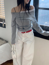 Milky Unbalance Off-Shoulder Boatneck Shirring Long Sleeve T 
