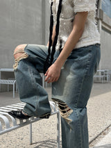 [OOTJ ITEM] ルステッドウィークデストロイドワイドルーズフィットロングデニムパンツ (Denim)