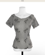 [ antique ] loev flower low-neck see-through top