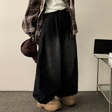 Flex waist string two-pin tuck snap wide denim pants