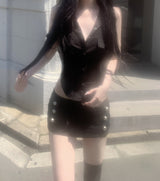 Trony button low-waist skirt (black)