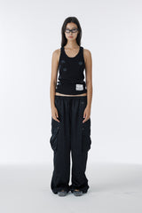 SATIN WIDE CARGO PANTS	(BLACK)
