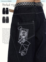 BETWEENAND「Hokkaido Snow」Winter Penguin Embroidery – Original Autumn/Winter Design, Slimming Effect, Thickened Denim Jeans