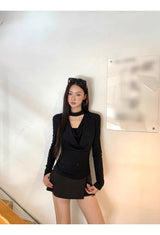 Black Chic Shimmering Halterneck Long-Sleeved T-Shirt