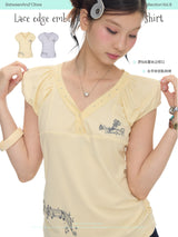 BETWEENANDxOliwa Summer Gentle Notes Key Lace Embroidered Modal Bud Short-Sleeve T-Shirt