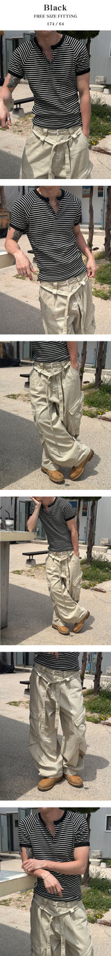 [Slim Fit] ストライプヘンリーネックハーフニットTシャツ(3color)