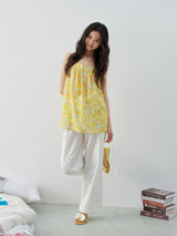 Yellow Floral Print Spaghetti Strap Top and Shorts Set, Island Resort Style