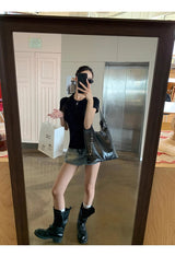バックシースルービーズブラックラウンド半袖Tシャツ