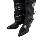 Double Buckle Shirred Stiletto Long Boots