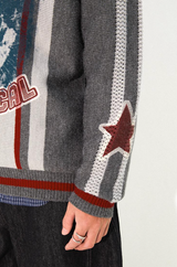 Loose lapel, raglan sleeve, color-blocked striped, cut-out printed sweater