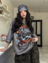ヴィンテージカーウォッシュプリントルーズ半袖Tシャツ