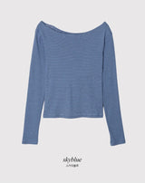 Feminine Border Cotton Boat Neck T-shirt (5color)