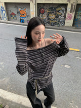 wide neck loose fit stripe long-sleeve t-shirt