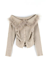 Leaf fur off-shoulder knit