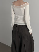 Ribbed Color Matching Layered Pintuck Boat Neck Tee
