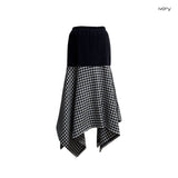 (2color) Wool Check Unbalanced Flare Midi Skirt