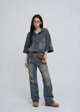 Sia damage washed denim short-sleeved shirt