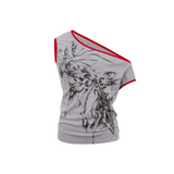 2025 Spring/Summer New Red and Gray Color Collision Slant Shoulder Printed Top