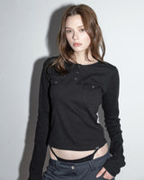 Pocket Henley Neck Ribbed Long Sleeve Black