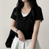 Erkin Spandex V-neck Color Layered Button Cardigan Short Sleeve T-shirt