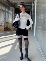 Collar See-Through Stripe Long Sleeve T-Shirt