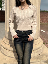 Unbutton slit square neck twist long sleeve knit (7 colors)