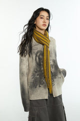Retro wool blend inkjet printed zippered cardigan sweater