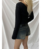[F/W] Shirring logo off shoulder t-shirts(2color)