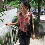 fullin Shirring String Button Sleeveless Blouse