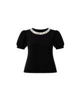 Aria Beaded Point Short Sleeve Puff Knit Top Black