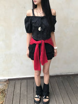 Lovely Note Two-Way Square Neck Off Shoulder Ribbon BLouse