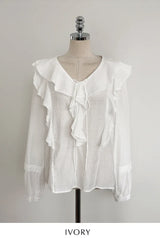 Shushu V-Neck Lace Ruffle Blouse