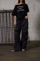 Dirty Washed Wide Cargo Denim Pants - Black